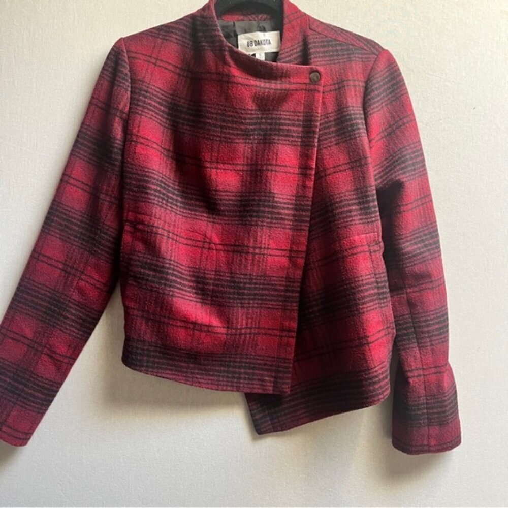 BB Dakota Red Black Plaid Asymmetrical Wrap Wool Blend Jacket S